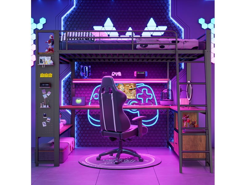  Lit mezzanine 140x200 cm avec bureau, led et rangements noir  - Conforama D