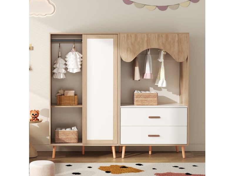Armoire combinée pour chambre d’enfant avec porte coulissante, penderie et tiroirs, blanc et bois naturel, 160 × 46 × 141,5 cm - Conforama D
