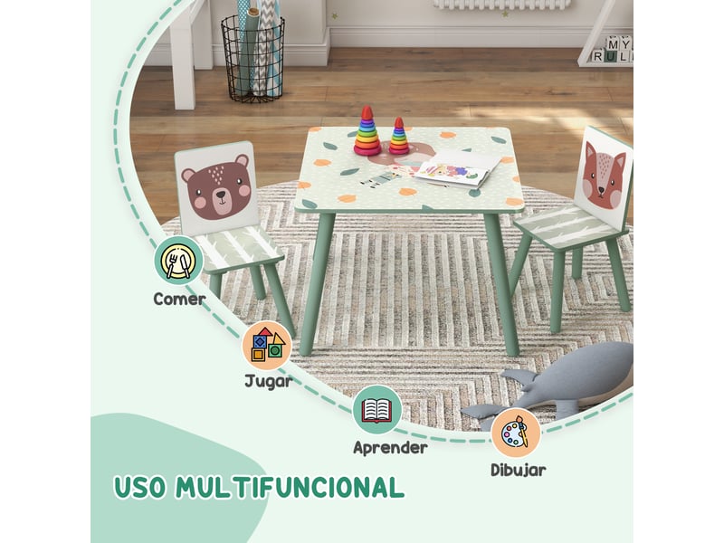 Ensemble table et 2 chaises, mobilier enfant 3 pièces pour enfants de 3 ans et plus, motif animal et vert - Conforama E