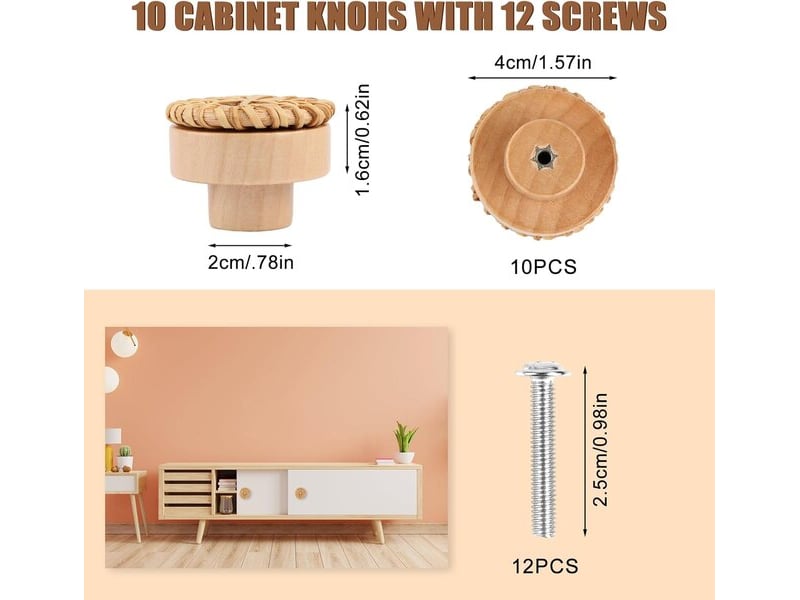  Pack de 4 poignées en rotin et bois de 40 mm, poignées décoratives de style bohème pour commodes, tiroirs et cuisine  - Conforama C
