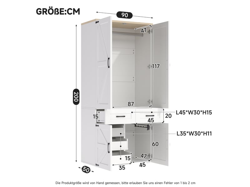  Armoire avec 4 portes, 5 tiroirs et 2 tringles, style campagne pour chambre à coucher, en mdf blanc, 90 × 50 × 200 cm  - Conforama D