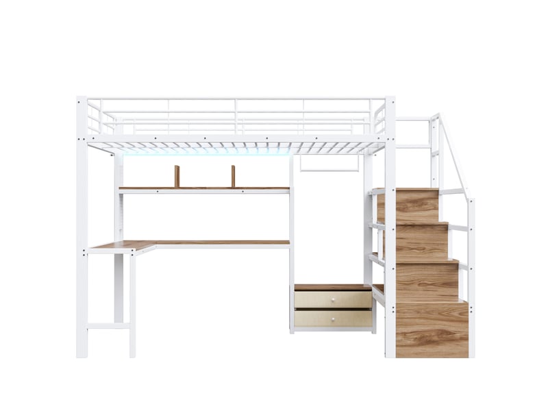  Lit mezzanine 140x200 cm métal blanc avec led, bureau, tiroirs et rangements  - Conforama A