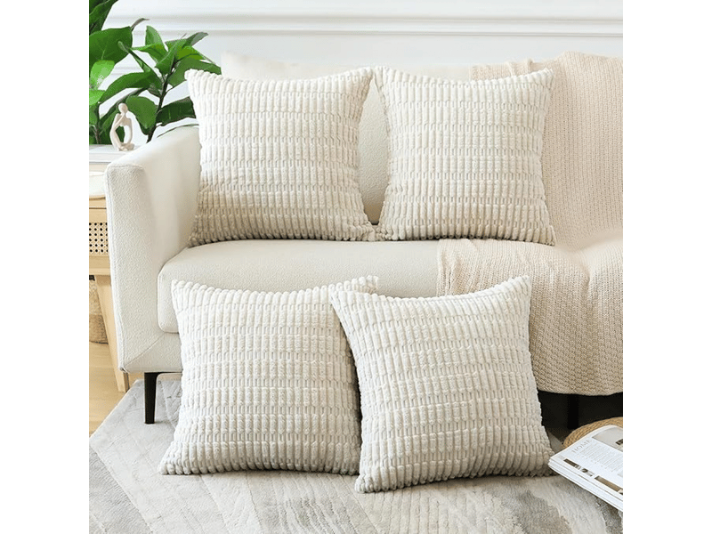  Lot de 4 housses de coussin décoratives en velours côtelé doux 45 x 45 cm, carrées à rayures pour canapé, chambre, ferme, taies d'oreiller de décorat, blanc  - Conforama C