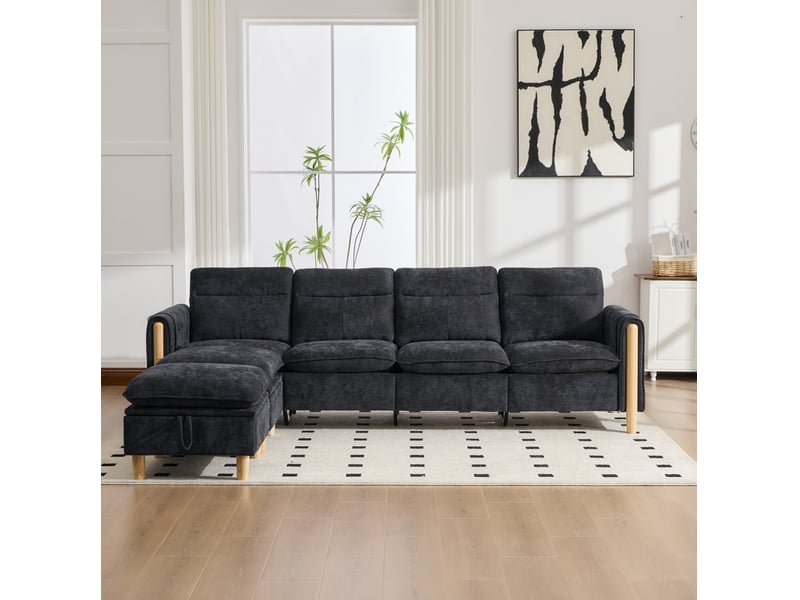  Canapé modulaire 4 places noir en tissu avec 2 poufs de rangement, pieds en bois et confort familial  - Conforama E