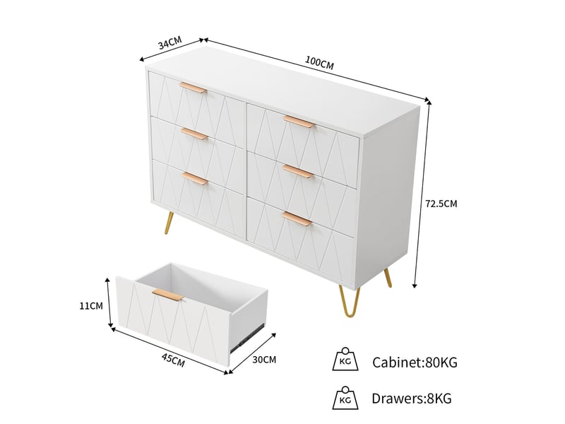 Commode chambre adulte bois, 34x100x72.5 cm commode 6 tiroirs meuble de rangement, table de chevet tables d'appoint avec tiroir, blanc - Conforama E