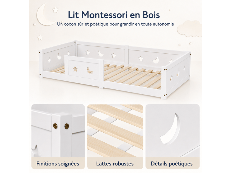  Lit enfant lit au sol 90x200cm - lit montessori avec sommier en bois massif - barrières de sécurité en motif étoiles et lune - lit cabane montessori en bois de pin, barrières contre les chutes, cadre de lit au sol, 1 personne – …  - Conforama D