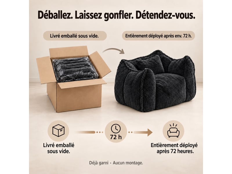  Fauteuil pouf paresseux en fausse fourrure, sans montage, rempli de mousse déchiquetée haute densité, design ergonomique,noir  - Conforama D