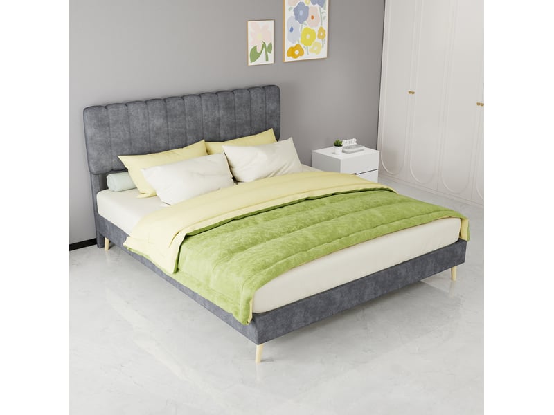  Lit rembourré 160 × 200 cm 2 places avec tête de lit douce, sans matelas, en tissu gris, structure métal  - Conforama C