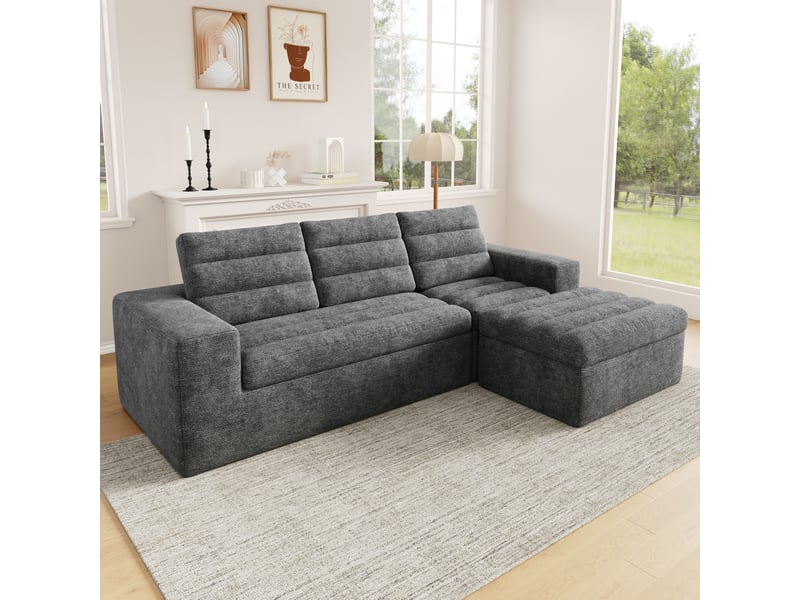  Canapé d'angle modulable 4 places avec pouf - chenille gris clair - 253x161 cm - sans cadre  - Conforama R