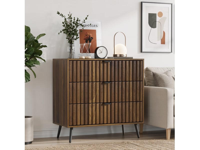  Commode à 3 tiroirs 80x39x78 cm, style moderne, armoire de rangement, mdf, couleur noyer, poignées et pieds en métal  - Conforama D