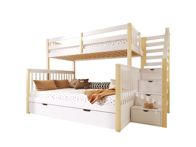 Lit mezzanine 90 x 200 cm superposé à un lit superposé 140 x 200 cm avec tiroirs et espace de rangement, sans matelas, multifonctionnel, blanc et naturel - Conforama A