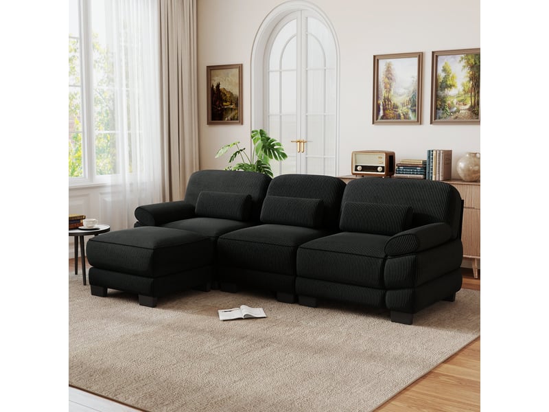 Canapé d’angle 3 places en l, 1 pouf, coussin lombaire épais et moelleux, assise profonde, tissu confortable, 265 × 161 × 94 cm, noir - Conforama D