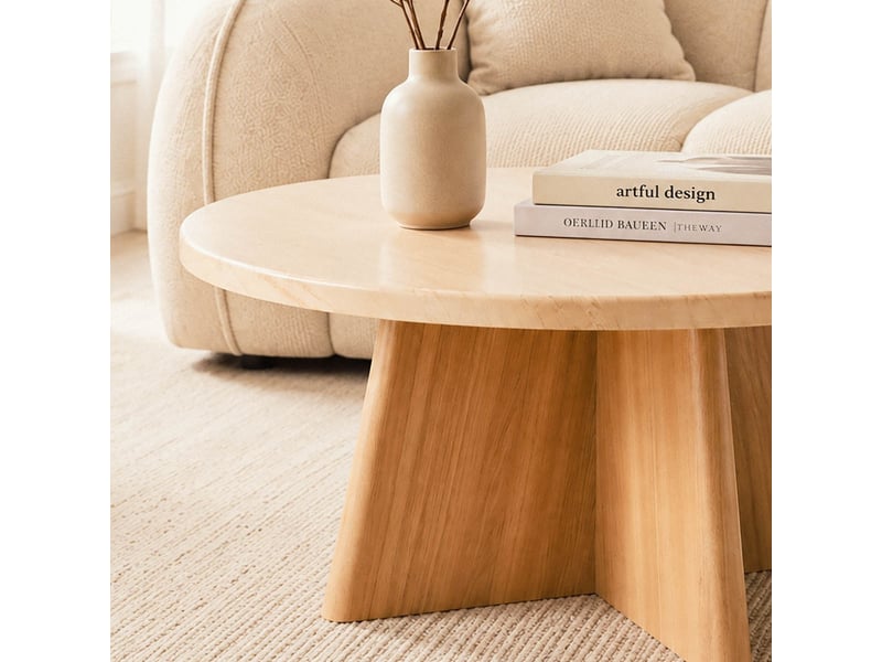  Table basse ronde décor travertin et pied décor chêne d80 cm - agate  - Conforama D