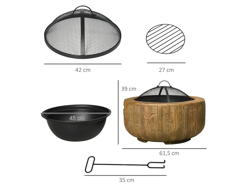 Brasero imitation souche d'arbre, pare-étincelles, grille à charbon, tisonnier, ø 61,5 x 39 cm - Conforama E
