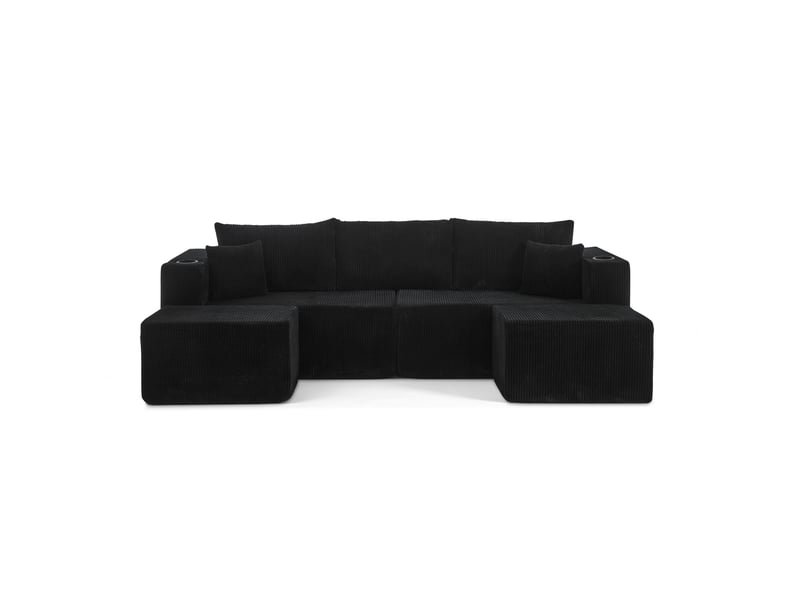  Canapé d’angle modulable 3 places 230 cm avec 2 poufs, tissu côtelé, porte-gobelets, poches latérales, montage facile, noir  - Conforama A
