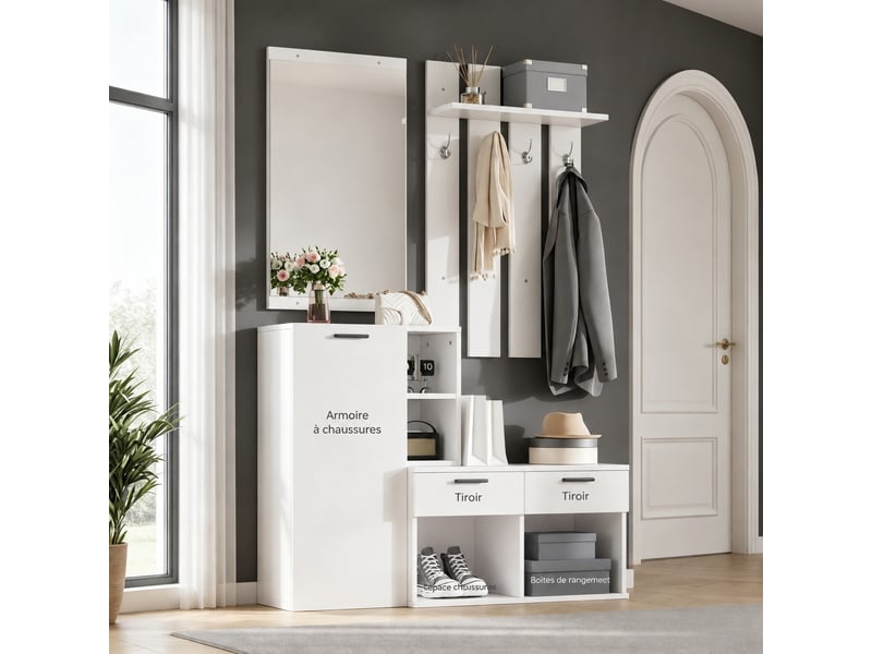  Vestiaire d’entrée avec meuble à chaussures, miroir, 2 tiroirs, 4 patères, 120 x 35 x 175,5 cm, blanc  - Conforama D