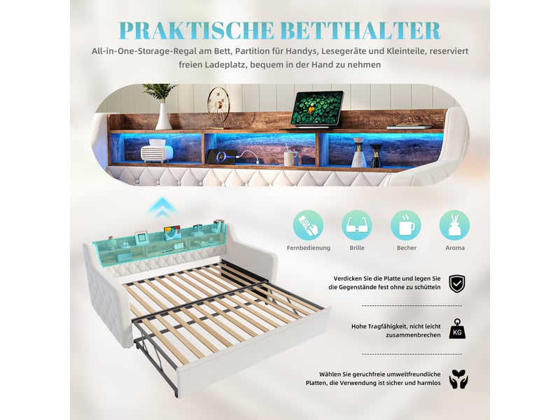  Canapé-lit 90x190 cm, lit enfant, couchage d'appoint, sommier à lattes, couchage gigogne extensible, led, usb et usb-c  - Conforama W