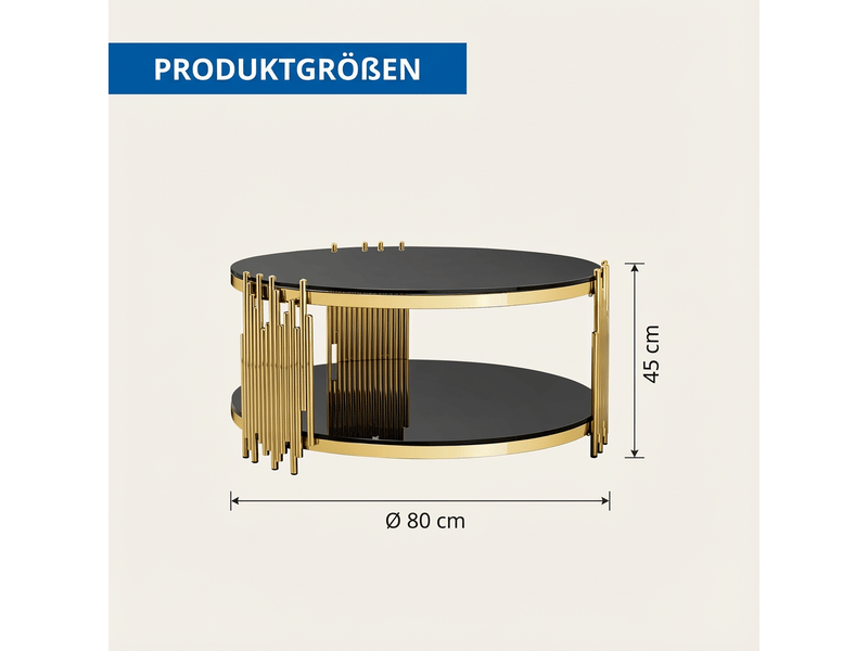  Table basse ronde en verre trempé noir 2 plateaux, base en acier doré  - Conforama E
