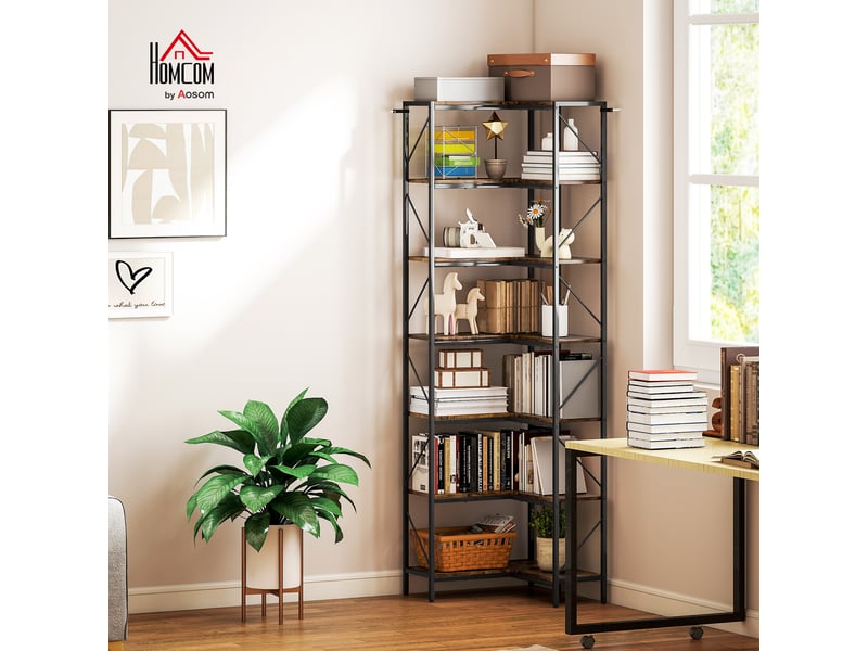  Bibliothèque d'angle en l à 7 niveaux, marron rustique  - Conforama D
