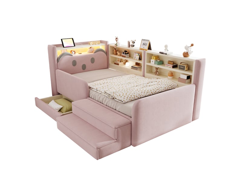  Lit enfant rembourré 90x200 cm, lit avec rangement, led et usb, tête de lit ours avec étagères, tiroir et repose-pieds amovible, velours rose  - Conforama A