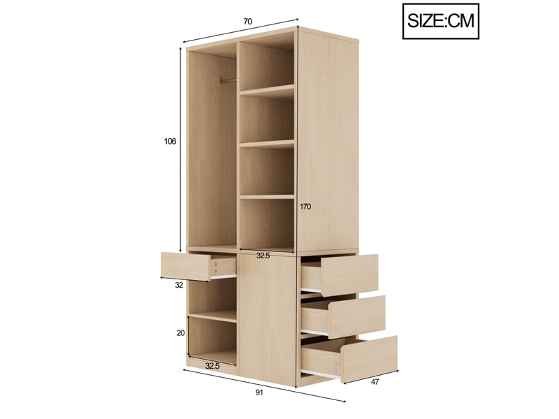 Armoire 70x50x170 cm coloris bois avec penderie, 4 tiroirs et rangements - Conforama C
