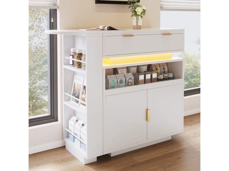  Table de bar extensible, îlot de cuisine avec rangement et éclairage led, pivotant à 360°, comptoir pour salle à manger, blanc  - Conforama B