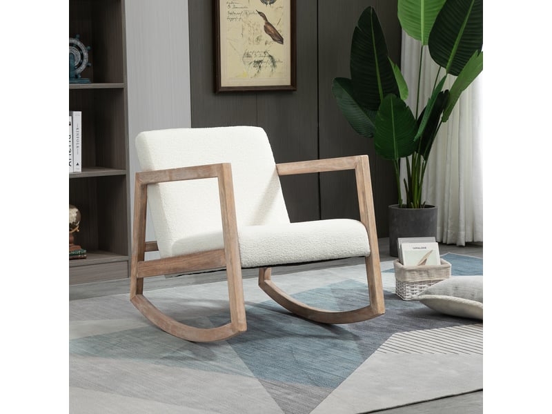  Fauteuil à bascule structure bois, rembourré, relaxant salon, assise rembourrée, bois hévéa, blanc crème, 60x81x71 cm.  - Conforama C