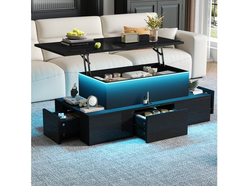 Table basse relevable 100x50x40 cm avec led et 4 tiroirs en mdf noir - Conforama B