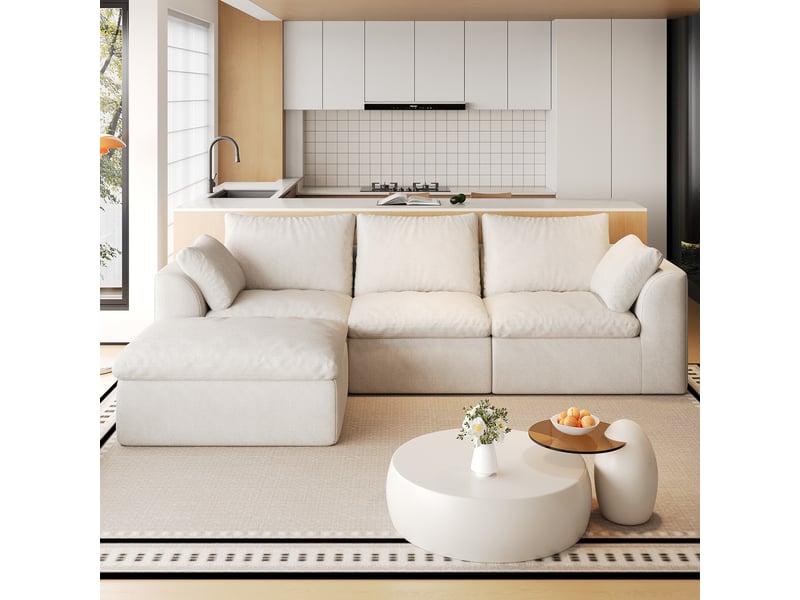 Canapé d’angle 4 places en tissu lin beige et blanc, 245 cm, mousse compressée IKSETERA TRADING LTD - Conforama B
