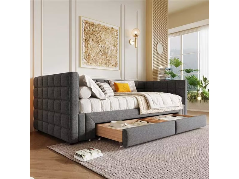  Canapé convertible lit gigogne avec dossier à motifs carrés et deux tiroirs de rangement en velours gris  - Conforama C
