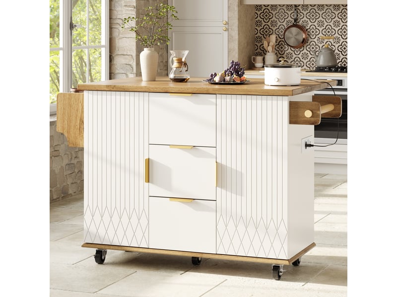  Desserte de cuisine sur roulettes avec prise électrique plan de travail rabattable îlot central mobile blanc et bois 134 cm  - Conforama E
