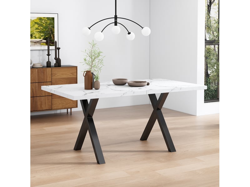  Table à manger rectangulaire 140 x 80 cm, mdf effet marbre blanc, métal noir  - Conforama B