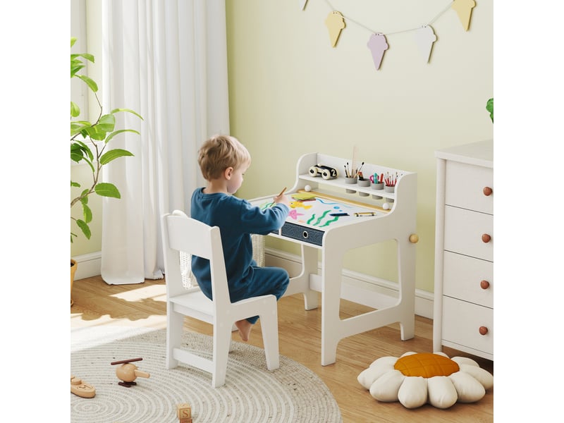 Bureau enfant avec chaise, table enfant et chaise avec 2 tiroirs en tissu et porte-gobelet, 62,8x55,6x73,8cm, blanc - Conforama B