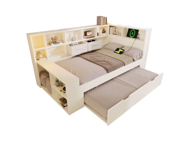  Lit simple 90x190 blanc avec lit gigogne en bois - étagères de rangement et ports usbtype-c  - Conforama A