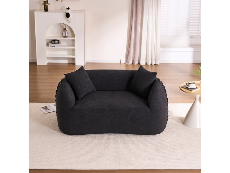 Canapé compressé 2 places 155x90x67 cm sans montage, sans structure, accoudoirs avec lacets, 2 coussins, mousse, tissu chenille noir - Conforama C