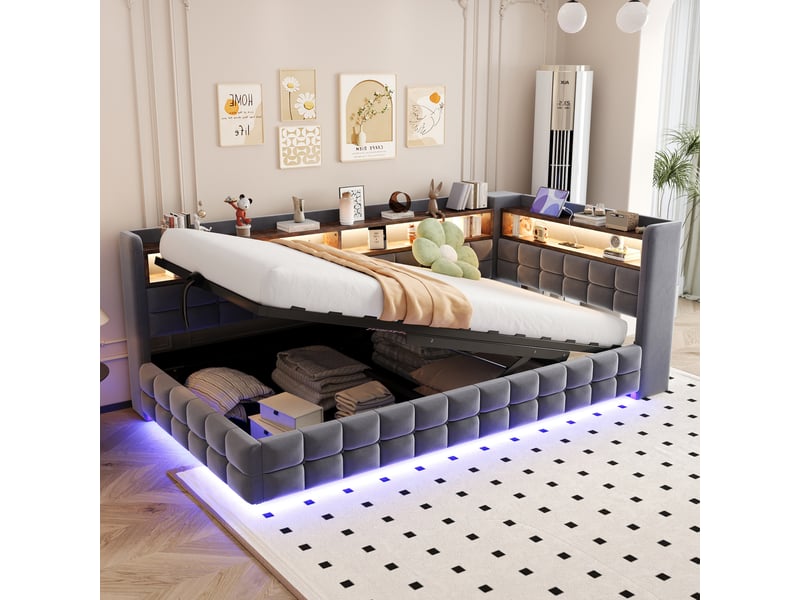  Lit coffre hydraulique 90x200 cm avec étagères, led et prises usb-c, velours gris foncé, sans matelas  - Conforama B