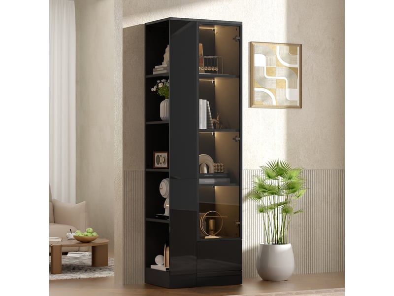 Vitrine noire 50x35x160 cm avec porte en verre, éclairage led, finition brillante, tiroir et étagères ouvertes, meuble rangement salon salle à manger  - Conforama B