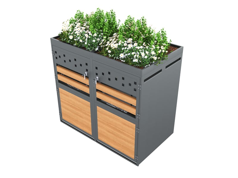  Coffre double pour bacs à déchets 132x80x125 cm toit à planter métal anthracite et aspect bois  - Conforama A