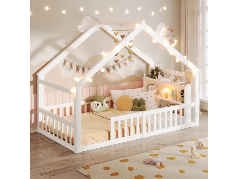  Lit simple 90x190 cm avec barrières de sécurité, lit enfant avec cadre en pin, pour 1 personne, blanc  - Conforama A