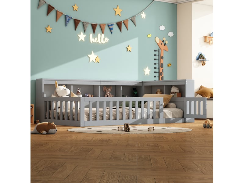  Lit simple 90x200 cm avec rangement, prises usb et barrière gris  - Conforama D