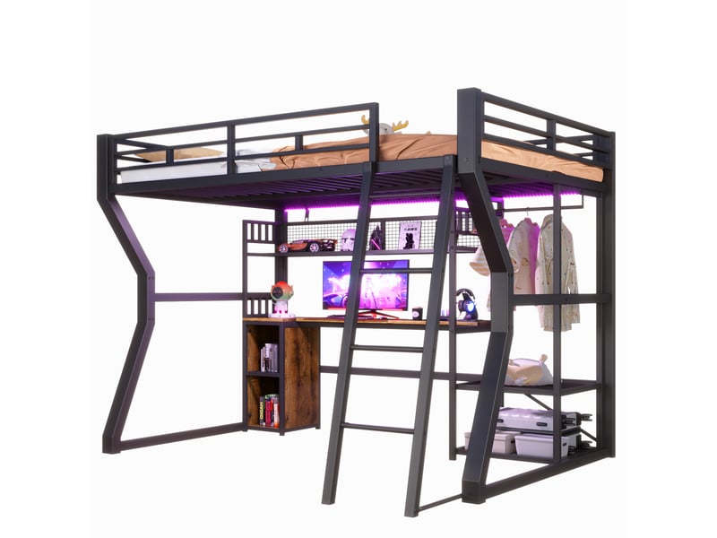  Lit mezzanine noir 140 × 200 cm en métal, bureau, prise, penderie et rangements  - Conforama E