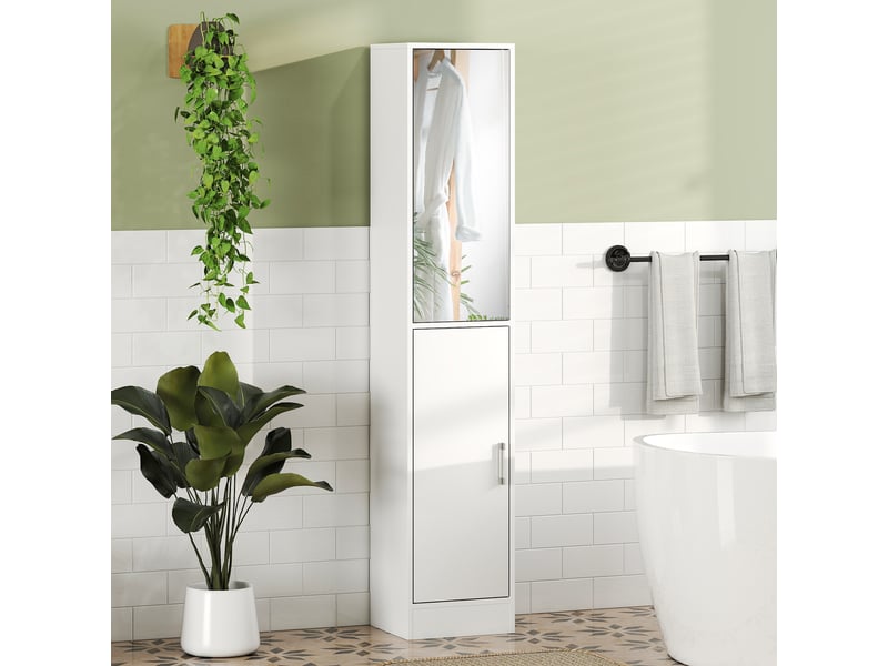  Meuble de salle de bain avec miroir, rangement à 6 niveaux avec 2 portes et étagères réglables, 32 x 28 x 162 cm, blanc  - Conforama D