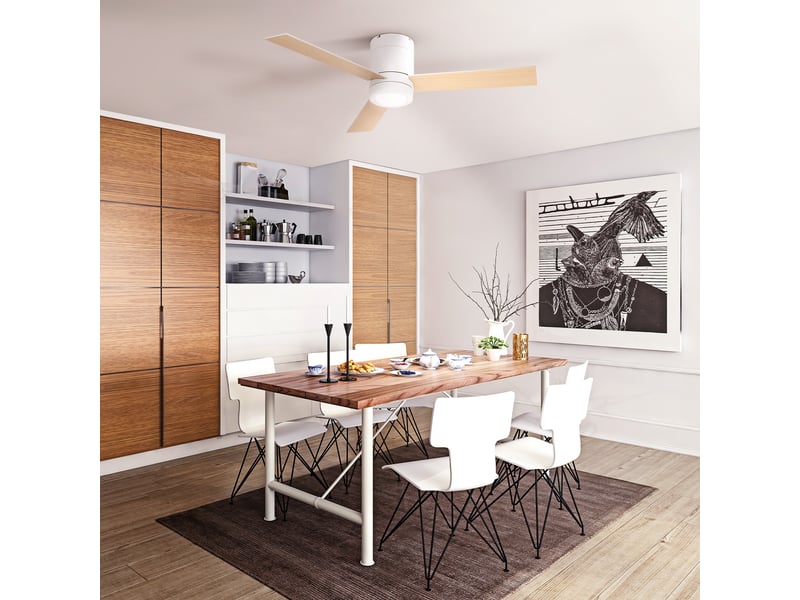  Ventilateur de plafond avec moteur ac 48 w, éclairage led, télécommande, 3 vitesses et 3 pales en bois, ø 112 x 25 cm, blanc  - Conforama D