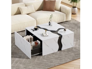Table basse cubique avec 1 tiroir à ouverture par pression, finition aspect marbre blanc, pour salon, 70 × 70 × 31 cm