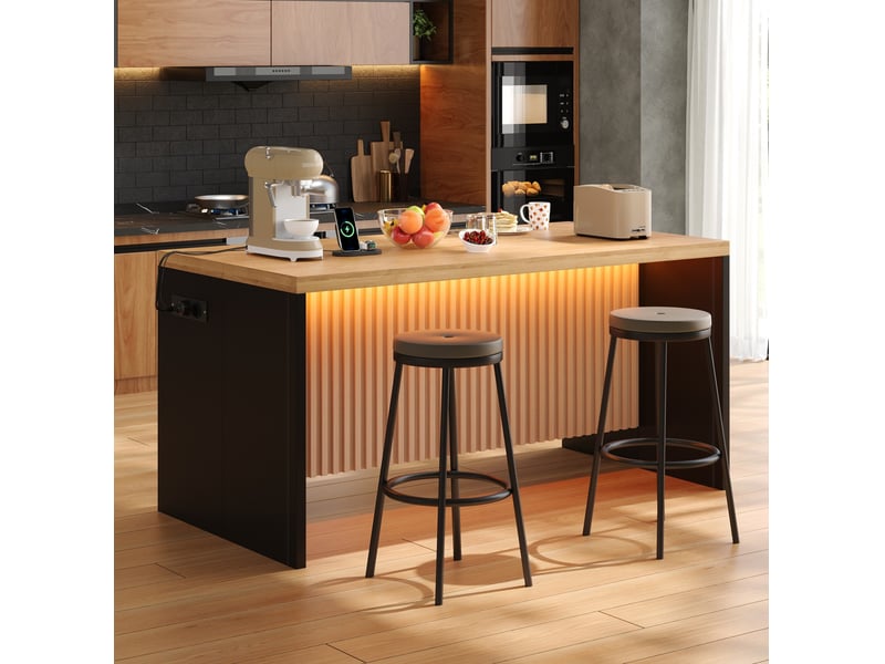  Îlot de cuisine avec led, prises et ports usb, plan épais, pour cuisine ouverte, noir naturel, 155 × 80 × 90 cm  - Conforama C