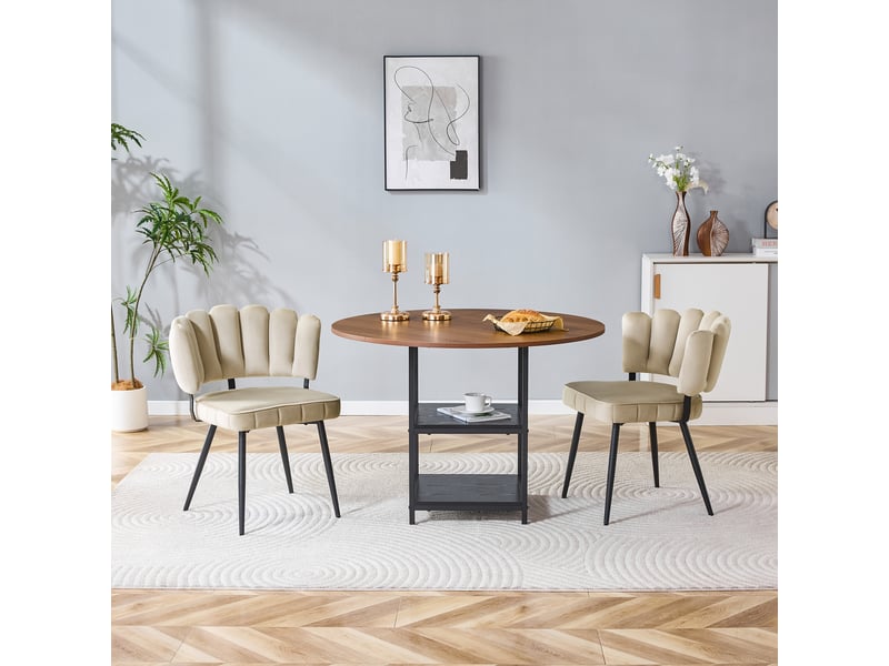  Ensemble table ronde et 2 chaises, table à manger ronde 107 cm effet noyer, rangement double et assises en tissu marron clair  - Conforama C