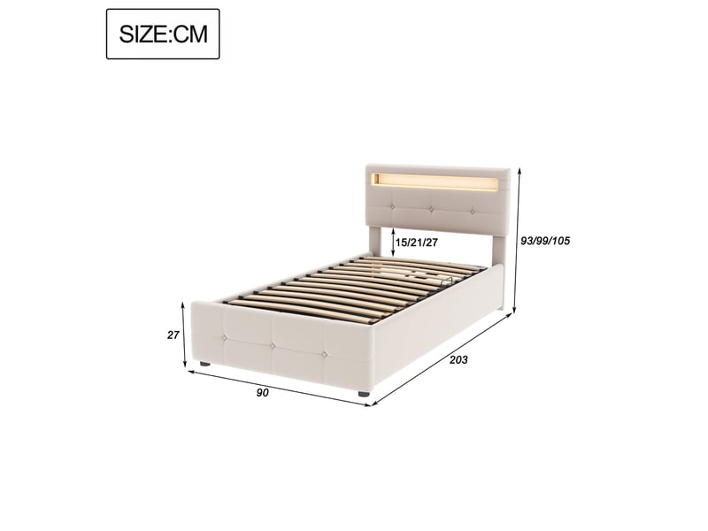  Lit enfant coffre rembourré 90 x 200 cm avec led, rangement hydraulique et tête de lit réglable, velours beige Fay Lum - Conforama C