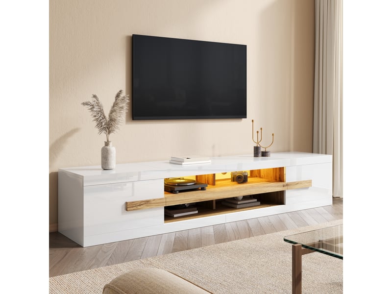  Meuble tv 200x40x38 cm, banc tv, meuble télévision, salon, éclairage led, 2 portes, rangement, panneaux de particules, blanc CozyNest - Conforama B
