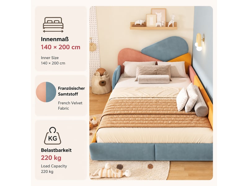  Lit enfant capitonné 140x200cm - design patchwork multicolore - barrières sécurité - velours - bleu et rose et jaune CozyNest - Conforama C