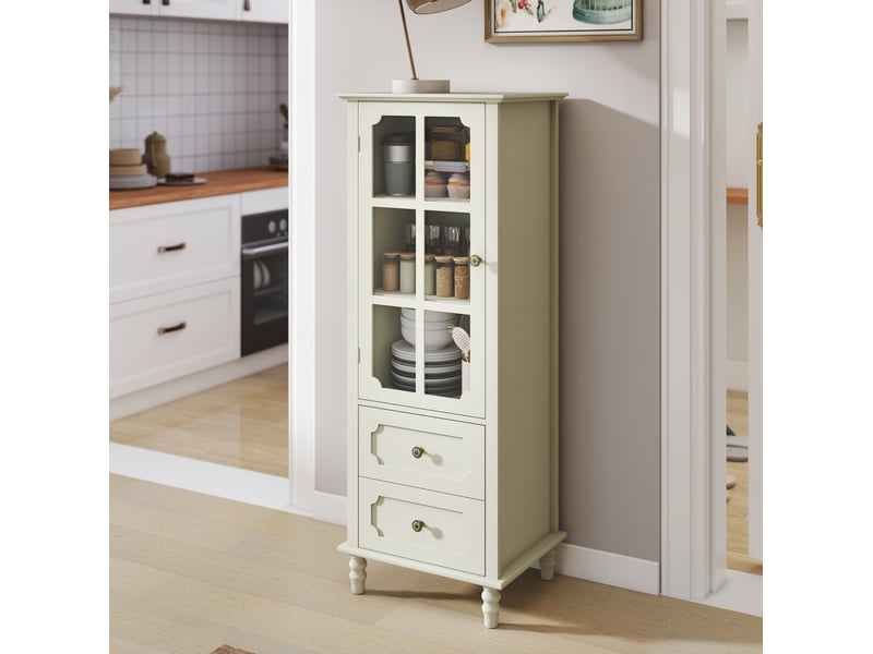  Armoire vitrine modenvie avec porte vitrée et 2 tiroirs 50 x 40 x 133 cm mdf blanc crème  - Conforama E